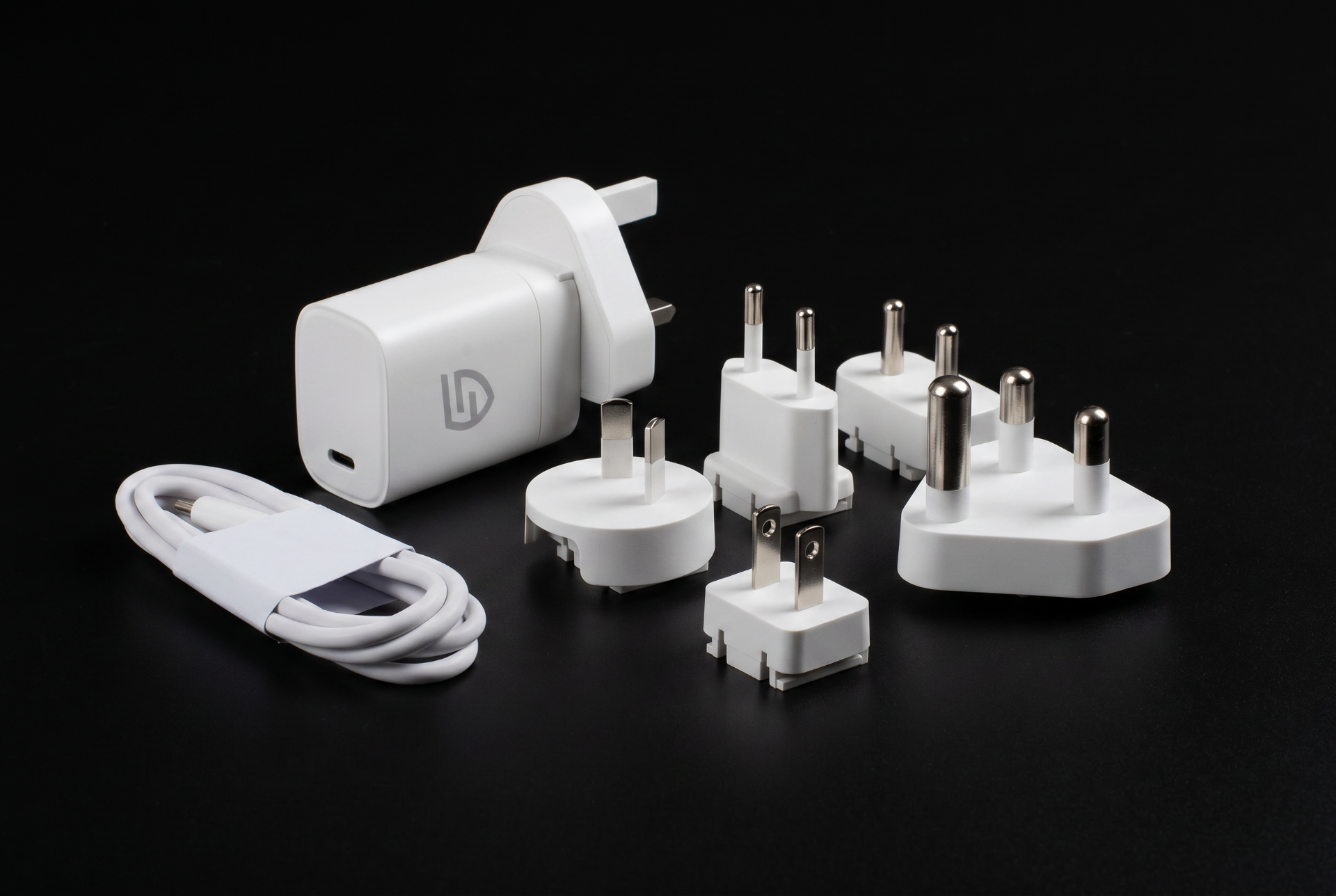STK global charger with interchangeable regional plugs and USB-C cable